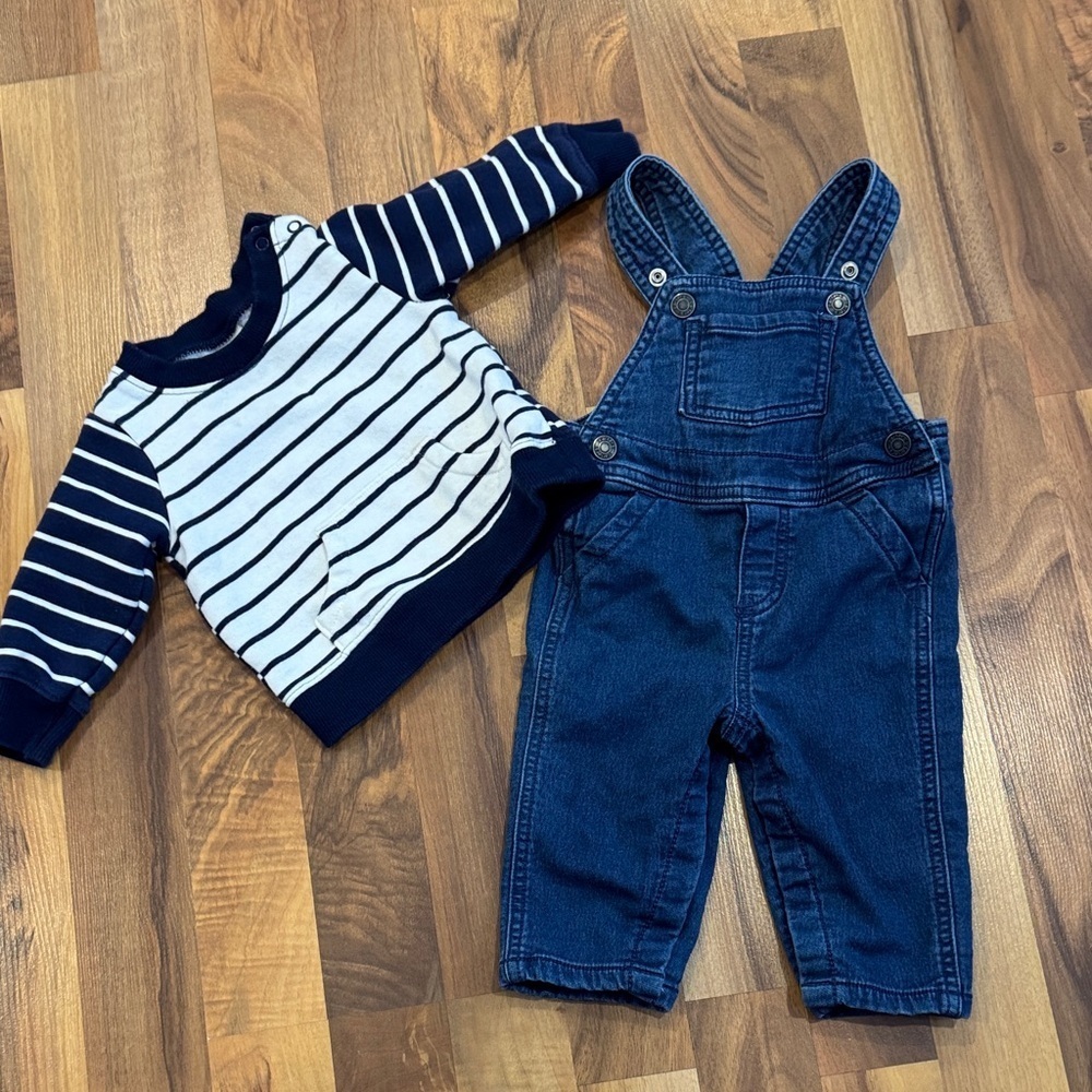Carter's Navy Striped Sweater and Denim baby Overalls